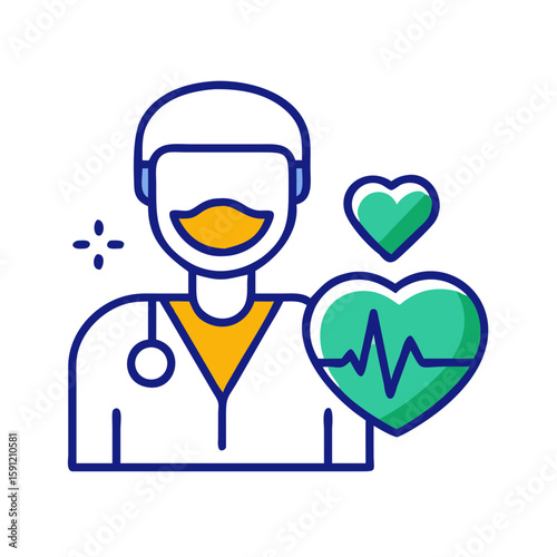 Outlined vector of a smiling male cardiologist with stethoscope and heart pulse symbols, representing heart health, medical care, and cardiovascular treatment  
