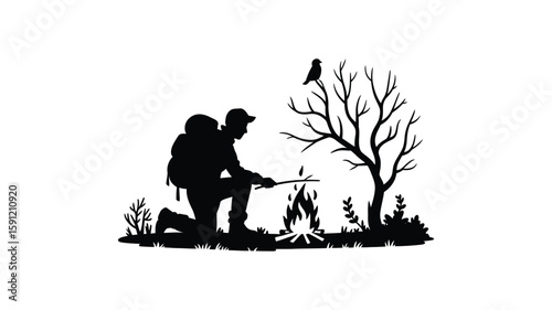Silhouette of a backpacker making a campfire with a bird watching