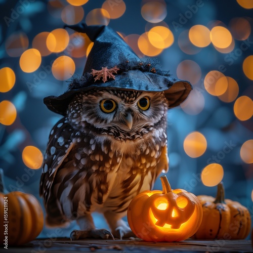 A cute owl in a witch hat placed in front of glowing orange pumpkins and festive lights, against a dreamy blue background.