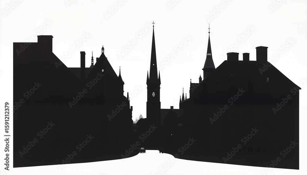 Naklejka premium Silhouette of gothic buildings with spires against a white background 