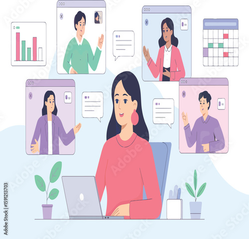A woman is attending a virtual meeting with colleagues and charts from her computer at her desk at home