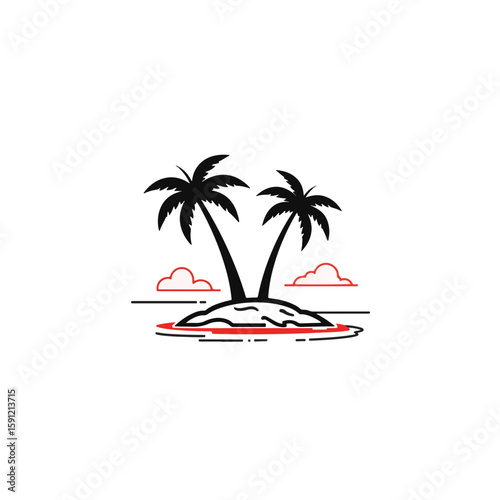 Minimalist black and white island with palm trees and red accents, tranquility