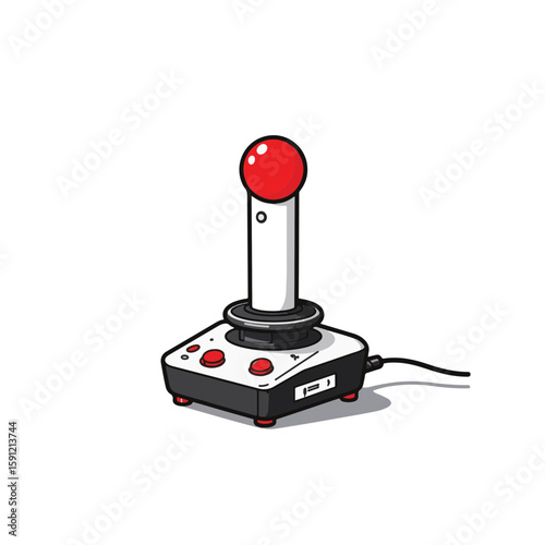 Minimalist joystick design in black and white with red accent, retro gaming