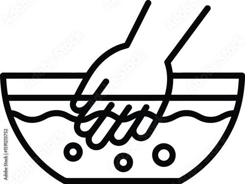 Hand immersed in a bowl of water with bubbles, simple line art illustration on white background