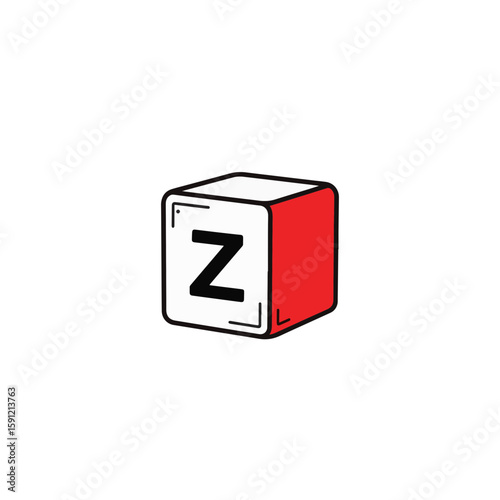 Black and white toy block with red accent on white background, simplicity