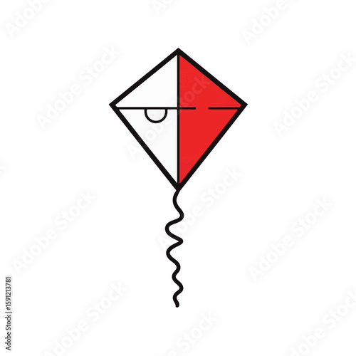 Minimalist black and white kite with red accent on white background, simplicity