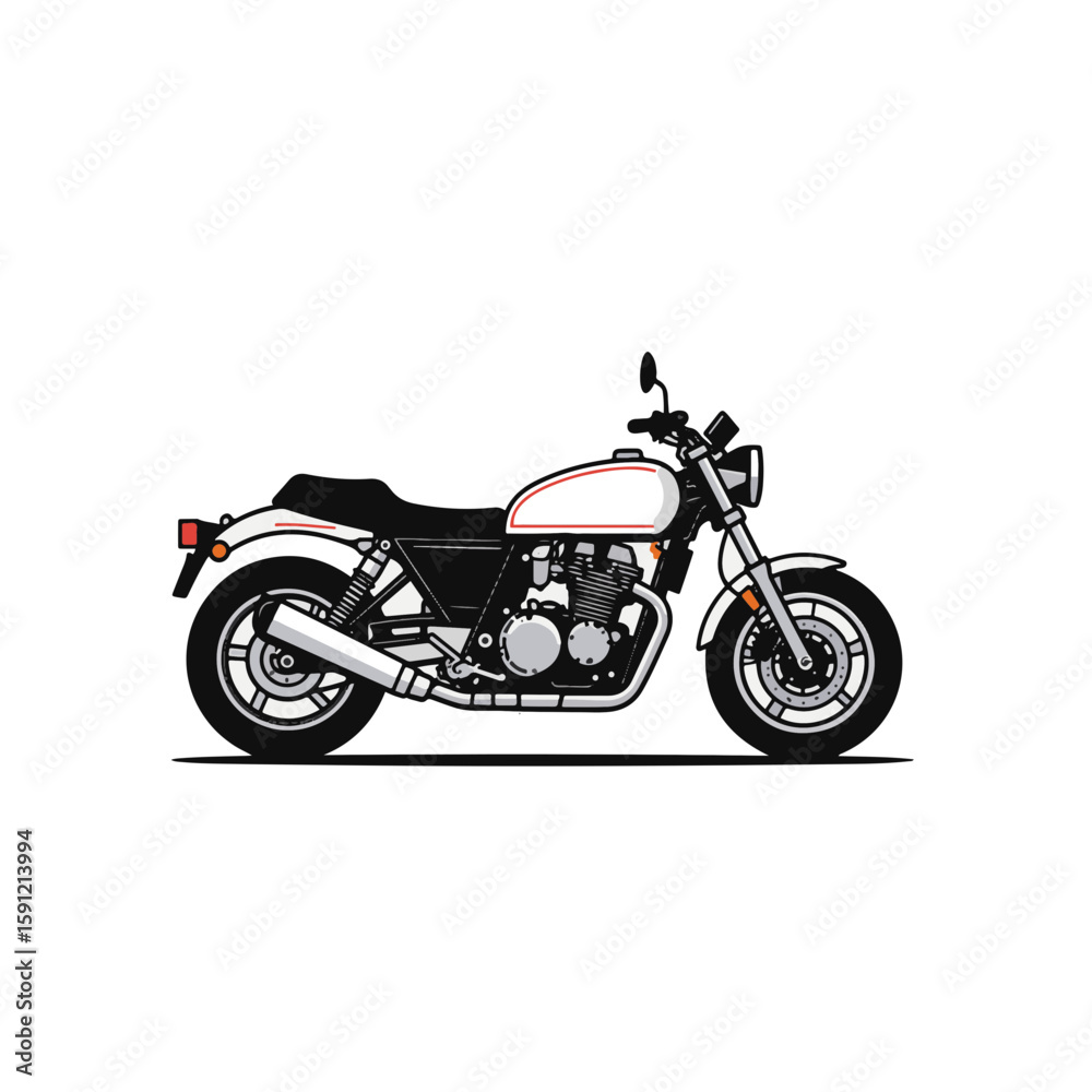 Obraz premium Minimalist black and white motorcycle with red accents on white background, modern design