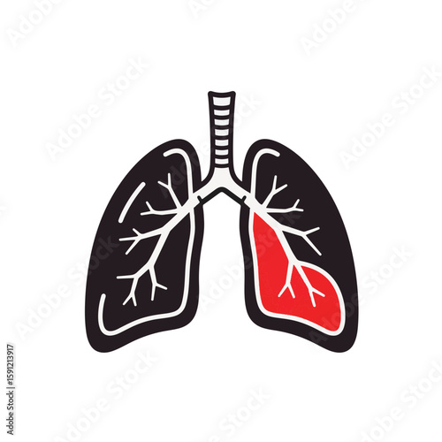 Minimalist black and white lungs icon with red accent, health concept