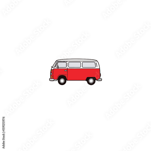 Minimalist red and white vintage minivan illustration on white background