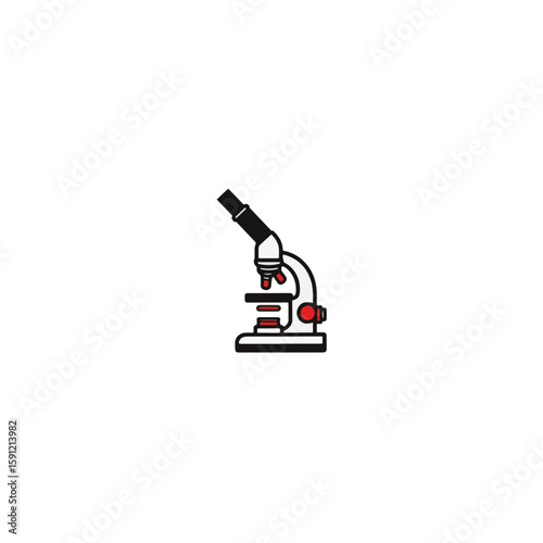 Minimalist black and white microscope with red accents, scientific exploration