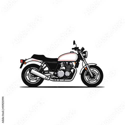 Minimalist black and white motorcycle with red accents on white background, modern design