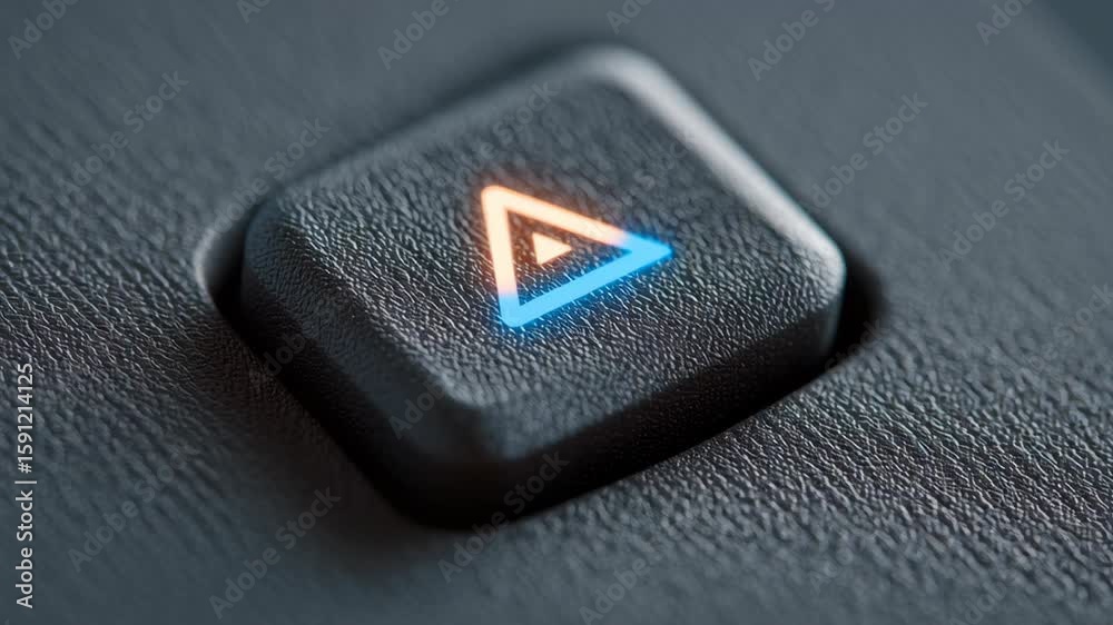Closeup of black textured button with glowing blue and orange triangle symbol on mobile device in warehouse technology setting