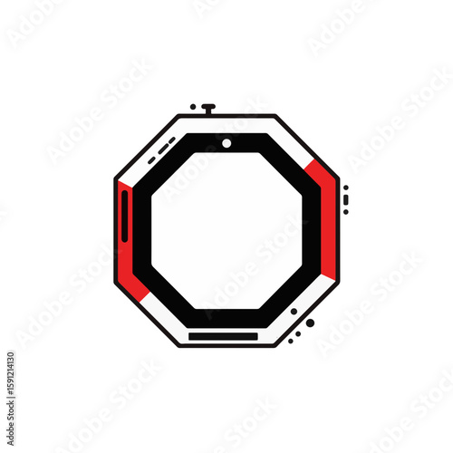Black and white octagon with red accent on white background, minimalist design