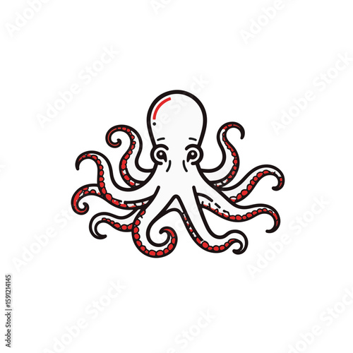 Minimalist octopus with red accents on white background, ocean symbolism