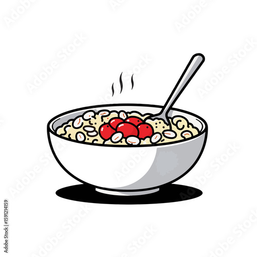 Minimalist oatmeal bowl with red berries on white background, simplicity