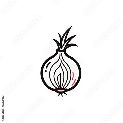 Minimalist black and white onion illustration with red accent, artistic decor