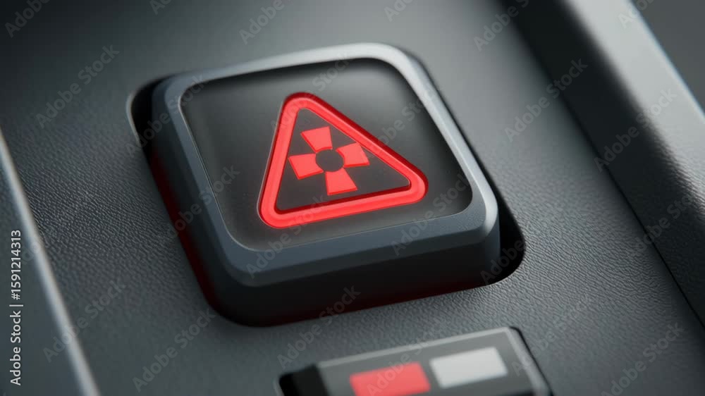 Emergency hazard button red triangle symbol on black textured car dashboard with glowing warning light close up vehicle control mobile warehouse