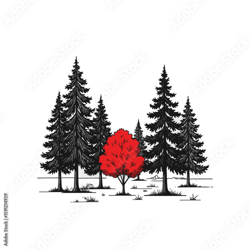 Minimalist black and white forest with red tree, bold contrast