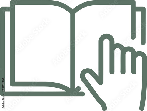 Illustration of an open book with a hand hovering above as if to turn the page outline art