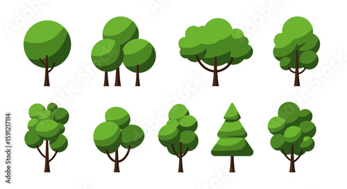 Eco-friendly Ensemble: A captivating collection of stylized, verdant trees, each one a vibrant testament to nature's diversity.