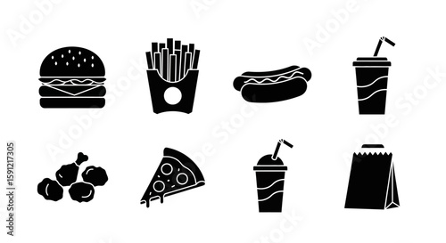 Iconic Fast Food Feast: A stylized black and white vector illustration showcases a collection of classic fast food items, meticulously depicted with a minimalist design.