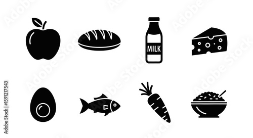 Healthy Food Icons: A collection of eight simple, yet impactful, black and white icons representing a variety of healthy foods.  These icons are perfect for websites, apps.