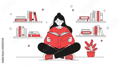 Reading Reverie: A young person finds solace and adventure within the pages of a vibrant book. Surrounded by the quietude of books, the individual becomes lost in a world of stories.