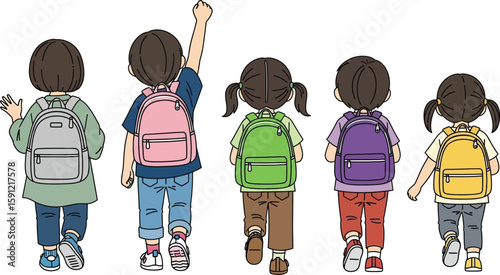 A group of diverse schoolchildren walks with backpacks, facing away on a white background, ready for school and learning.