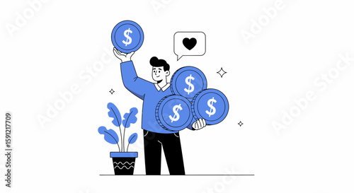 Financial Well-being: An illustration captures a person holding coins, showcasing savings, investments and financial stability. 