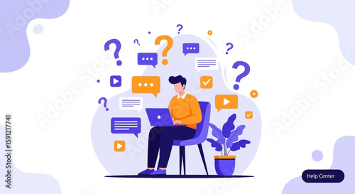 Online Queries and Problem Solving: An illustrated scene depicts an individual engrossed in seeking answers through online channels. question marks and communication bubbles suggesting questions.
