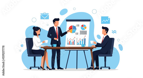 Business Presentation: A business team gathers around a table, captivated by a presentation. A presenter, indicating various charts and graphs while his colleagues listen attentively.