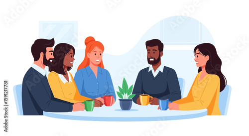 Coffee Break Chat: An illustrated gathering, where diverse individuals engage in lively conversations and enjoy coffee during a shared moment of relaxation.