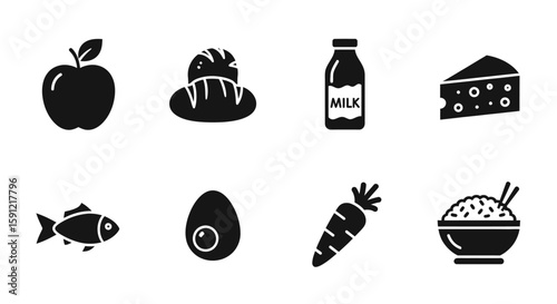 Nutritional Array: A simplified monochrome array showcases an assortment of vital foods essential for health. The illustration captures the simplicity and essence of a well-rounded diet.