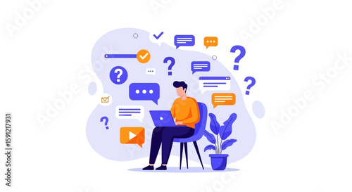 Digital Interaction: A modern illustration showcases a person engaged in digital communication, surrounded by speech bubbles, question marks, and interactive elements.