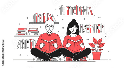Literary Reverie: A young couple engrossed in books, surrounded by the quiet wisdom of shelves, experiencing a moment of escape and the quiet pleasure of the written word.
