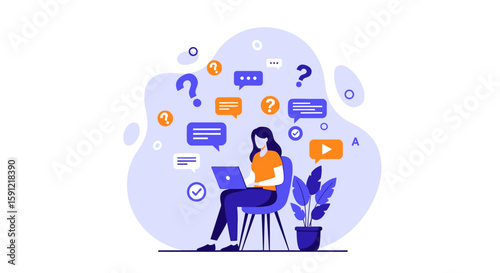 Digital Inquiry: A woman engrossed in online research. Questions abound around her. A modern representation of seeking and finding answers.
