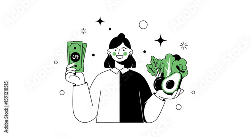 Balancing Act: A person stands at a crossroads, one hand holding crisp bills, the other offering fresh, vibrant produce, reflecting the choices in the modern lifestyle