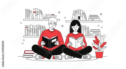 Harmony in Pages: Two individuals absorbed in the world of literature, immersed in reading, sharing a tranquil moment of literary delight. Bookshelves softly frame their shared experience.