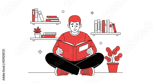 A Quiet Moment: A focused individual absorbed in reading, surrounded by shelves of books in a scene exuding the joy of knowledge and literary exploration.