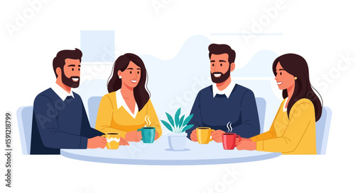 Coffee Break Chat: Four individuals, bathed in soft light, convene around a table for a relaxed coffee break. capturing camaraderie and collaboration, a sense of unity. 