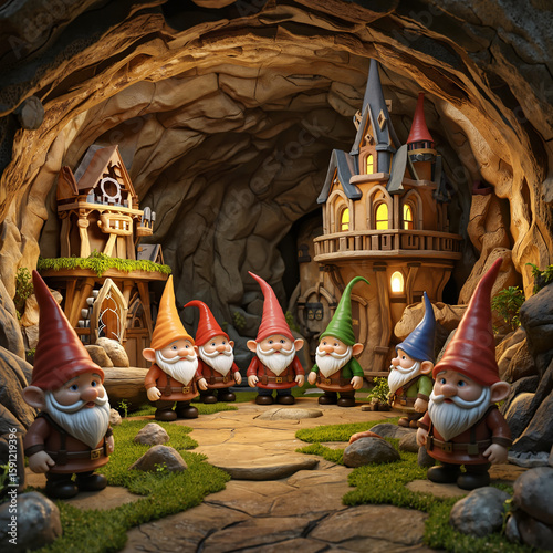 Seven colorful gnomes gathering in magical cave village scenery  