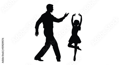 A silhouette of a father assisting his daughter practicing ballet, a heartwarming moment of support and dedication in dance.