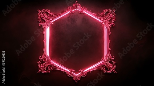Hexagonal neon frame, ornate, crimson