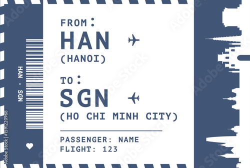 Hanoi - Ho Chi Minh City, Vietnam flight, luggage tag, boarding pass card. Vector illustration layout for infographic, postcard, sticker, print, promo with landmark shapes