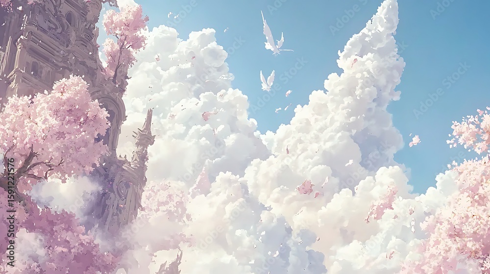 Naklejka premium Ethereal Pink Sakura Blossoms Enchant Ancient Ruins in Dreamlike Cloudscape