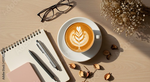 Elevated Flat Lay Coffee, Notebook & Glasses for Creative Workflow, Perfect for Journaling, Planning, and Designing Content.