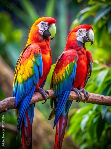 Two parrots are perched on a branch