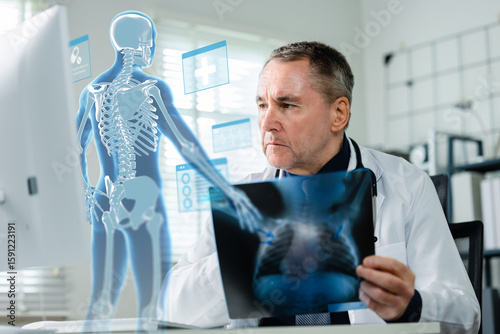 Fotografie Senior doctor closely analyzes a chest X-ray film in clinical setting