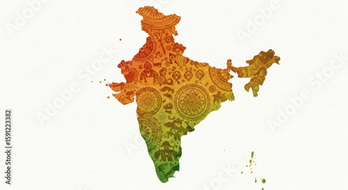 Abstract Watercolor Splash of Indian Subcontinent – Filled with Traditional Patterns, Cultural Symbols, and Festive Colors, Artistic Brush Strokes, Decorative Background, Editorial Art Style

