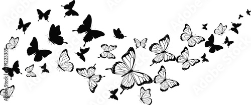 Delicate fluttering butterflies in black and white create a sense of freedom and beauty in a captivating, minimalist design.